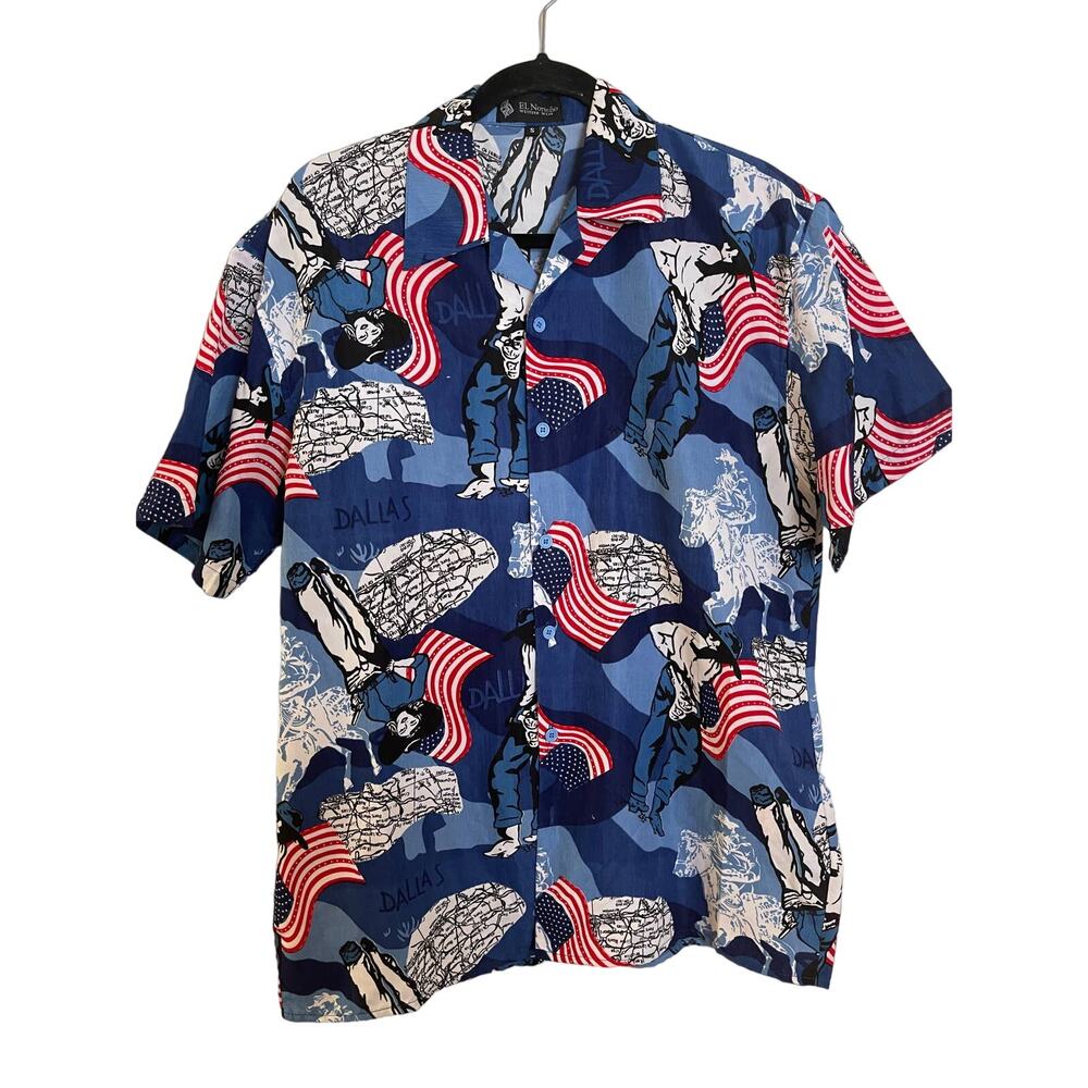 Men's El Norteno Western Cowboy & Flag Button Up GRAPHIC Shirt 4th July SIZE S